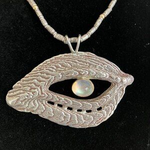 Vintage sterling & gold Moonstone Eye Pendant on Hill Tribe Bead Necklace